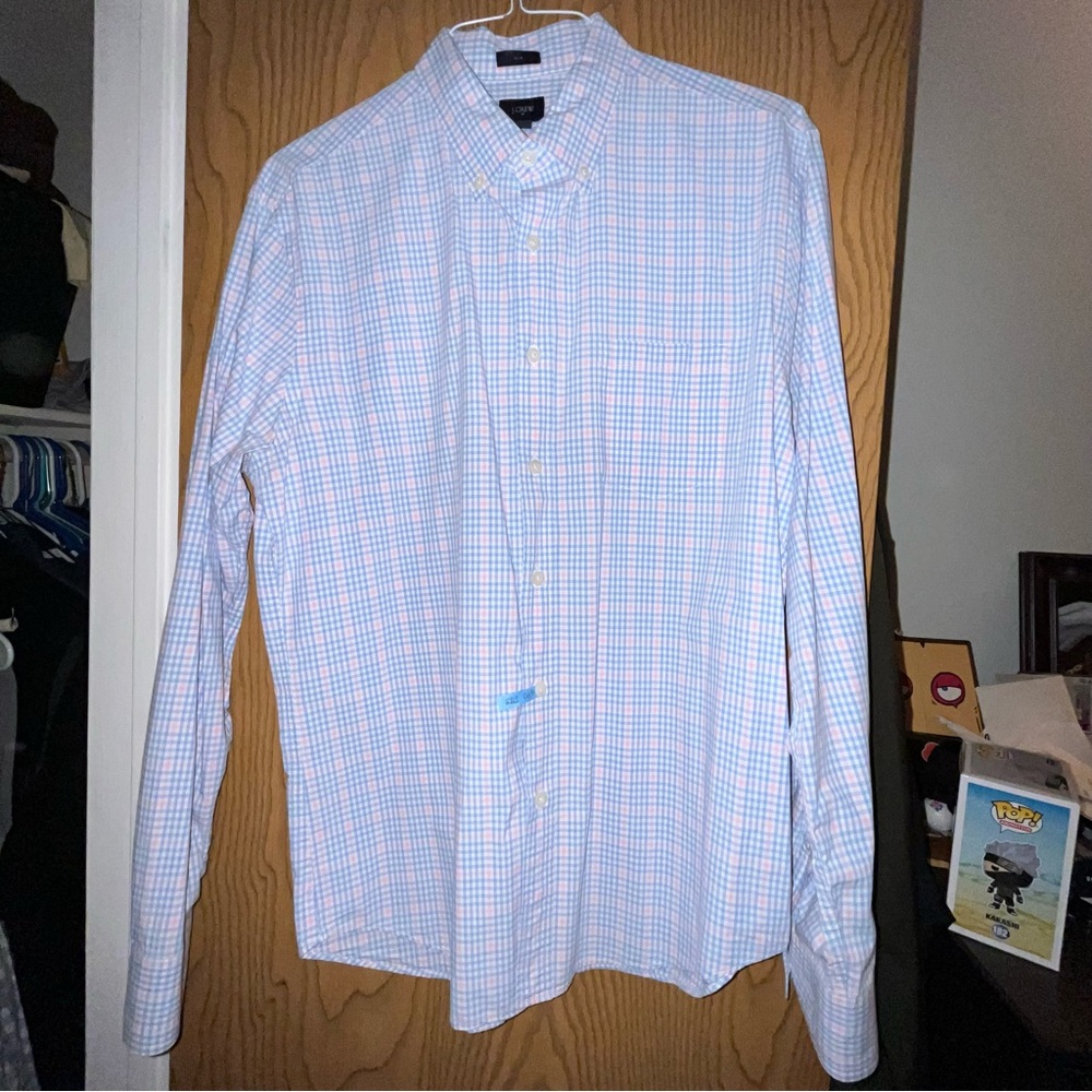 J. Crew Plaid Button Down Long Sleeve Dress Shirt Blue & Light Pink; Size L Slim